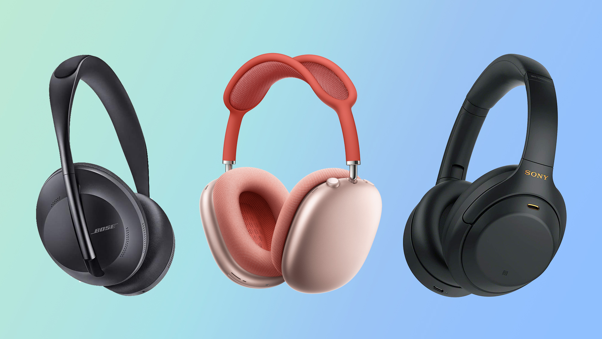 Three top-tier headphones side by side, with sleek designs and high-quality materials. Bose QC 45, Apple AirPods Max, and Sony WH-1000XM5 showcased for comparison